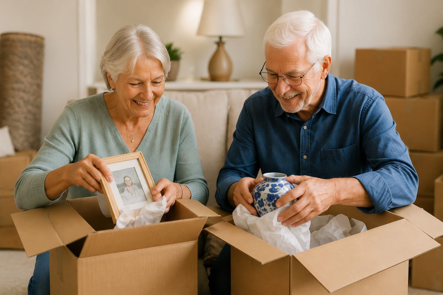Senior couple unpacking family photo and vase